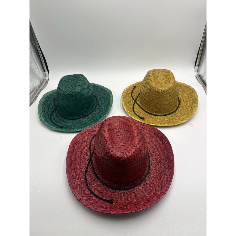 Lot of 3 Straw Cowboy Hats - Western Style Unisex-Red,Green,Yellow EUC